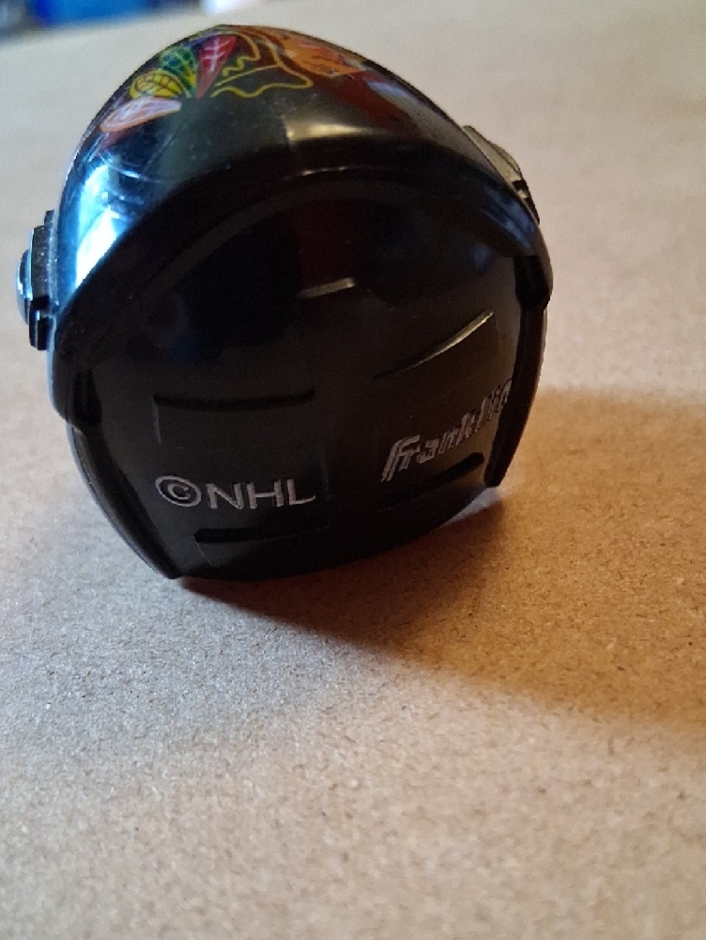 Black and Red Kids Mini Hockey Helmet Toy with Blackhawks Team Logo - Picture 2 of 4